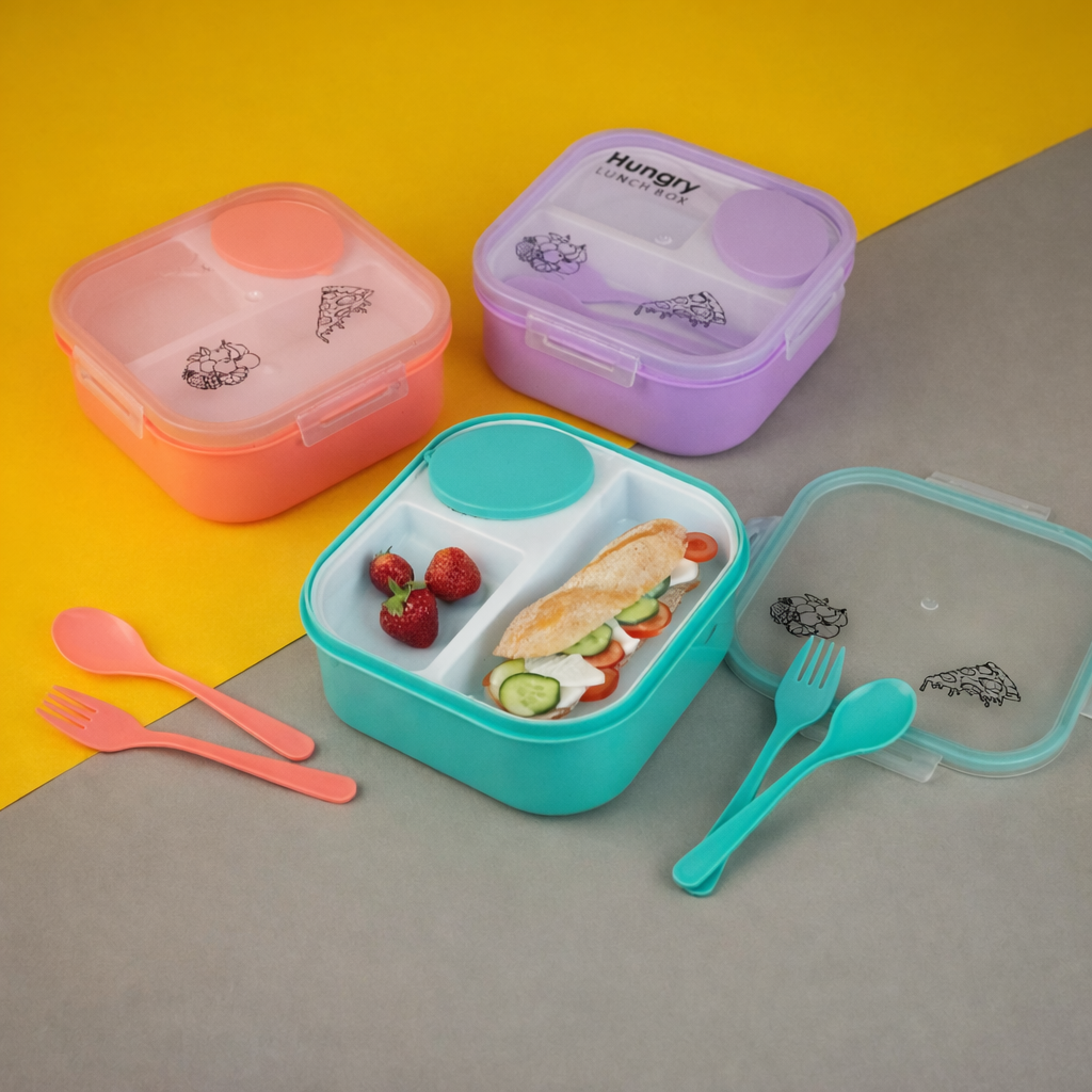 Grosyhub Hungry Bite: 3-Compartment Leak-Proof Bento Lunch Box