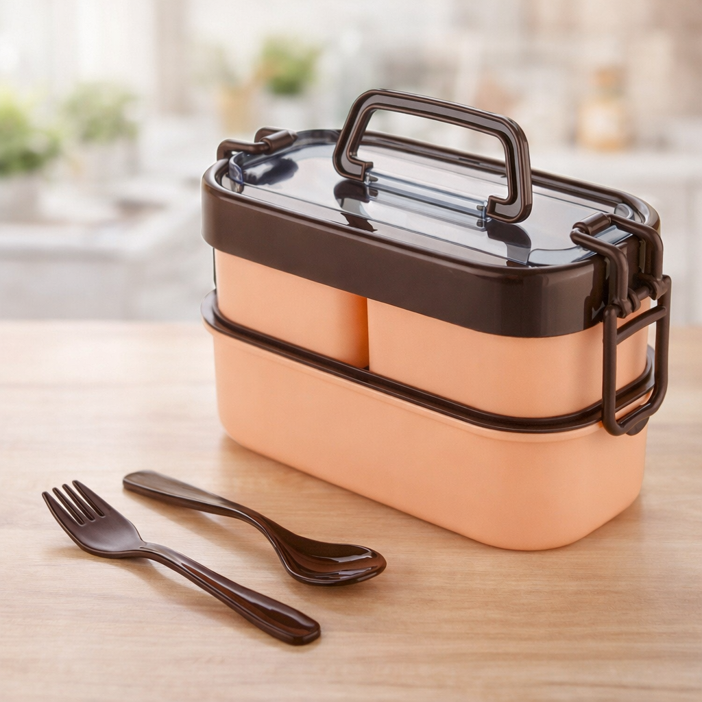 Grosyhub New Double Daker: Premium 2-Tier Stackable Bento Lunch Box with Handle and Utensil Set