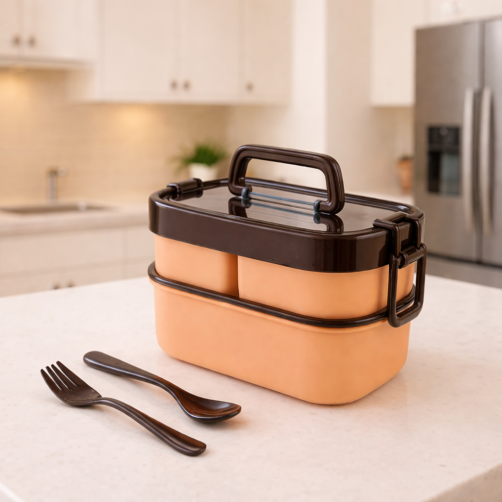 Grosyhub New Double Daker: Premium 2-Tier Stackable Bento Lunch Box with Handle and Utensil Set