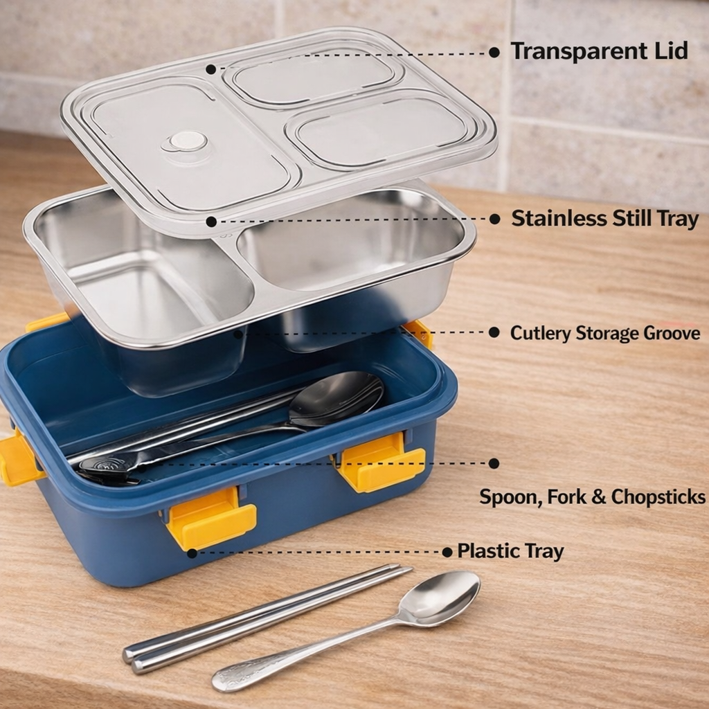 Multi Compartment Stainless Steel Airtight Lunch Box With Lid And Spoon