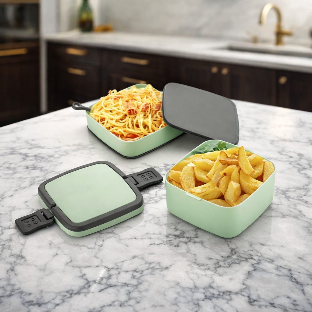 Grosyhub Sage Green Tiered Bento Box with Comfort-Grip Handles