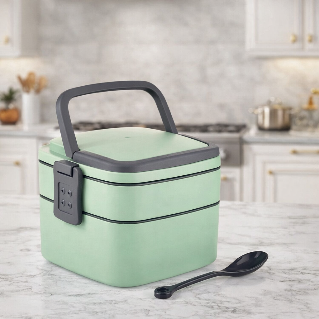 Grosyhub Sage Green Tiered Bento Box with Comfort-Grip Handles
