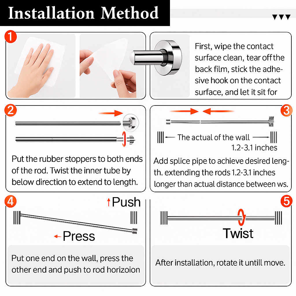 Grosyhub Adjustable Shower Curtain Tension Rod 125CM| Non-Drilling| Anti-Skid|Multi-Purpose| Spring Pull Rod - (Stainless Steel)
