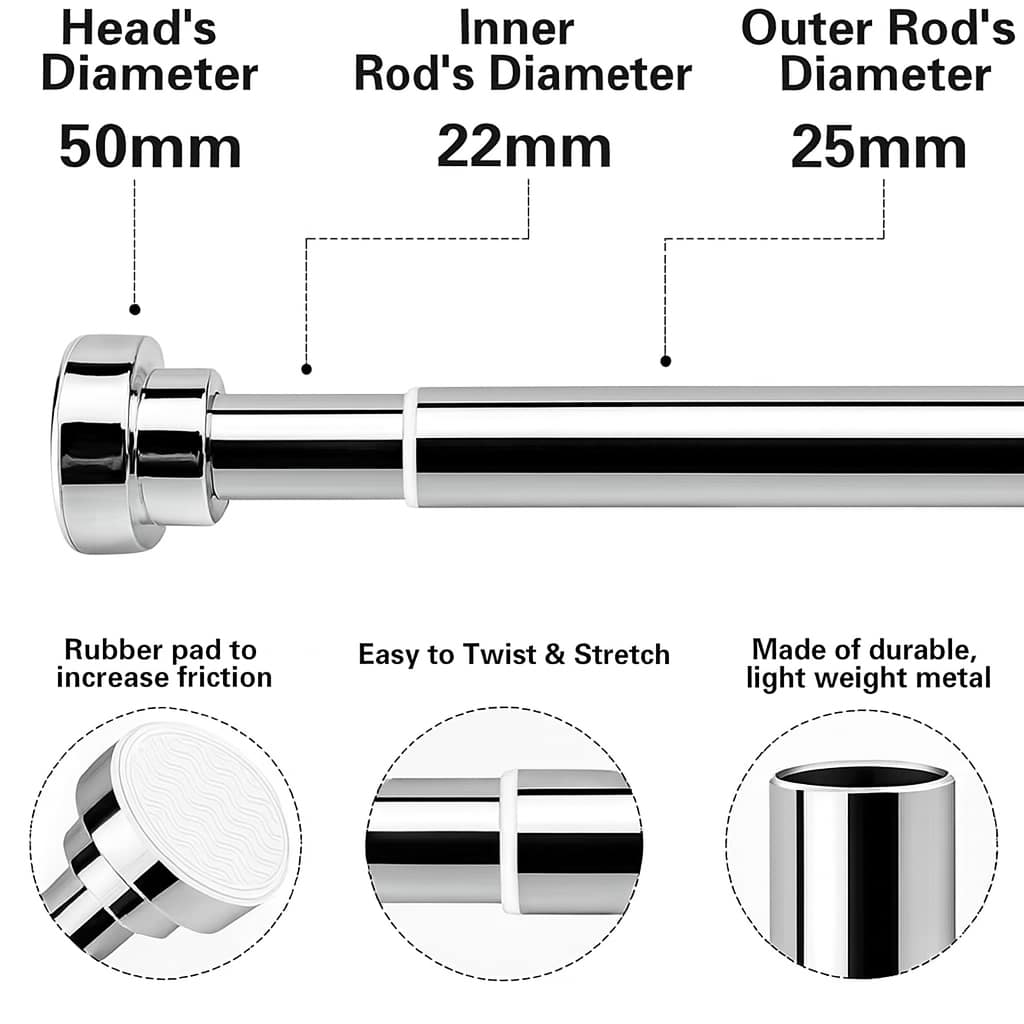 Grosyhub Adjustable Shower Curtain Tension Rod 125CM| Non-Drilling| Anti-Skid|Multi-Purpose| Spring Pull Rod - (Stainless Steel)