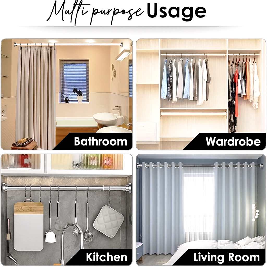 Grosyhub Adjustable Shower Curtain Tension Rod 85CM| Non-Drilling| Anti-Skid|Multi-Purpose| Spring Pull Rod - (Stainless Steel)