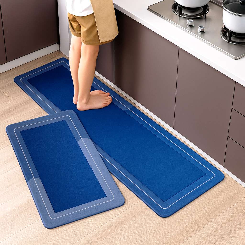Grosyhub Solid Blue Non-Slip Kitchen Rug Combo, Water Absorbent with Rubber Backing, 120x40cm + 60x40cm