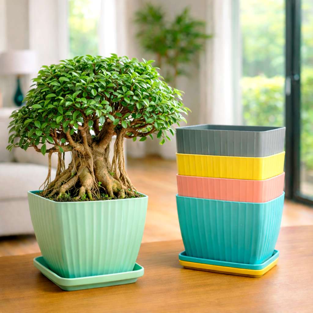 Grosyhub Modern Ribbed Square Planter Pots with Drainage Tray (5 Pcs Set)