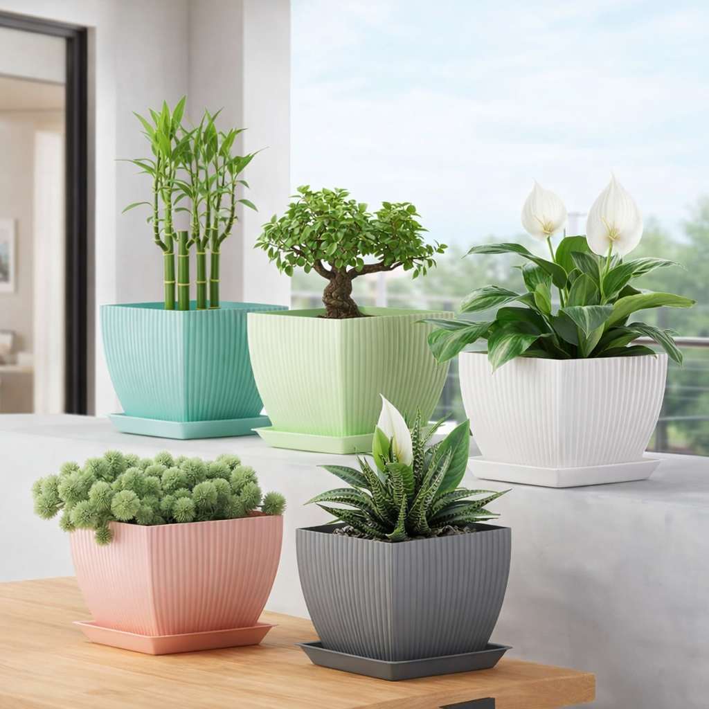 Grosyhub Modern Ribbed Square Planter Pots with Drainage Tray (5 Pcs Set)