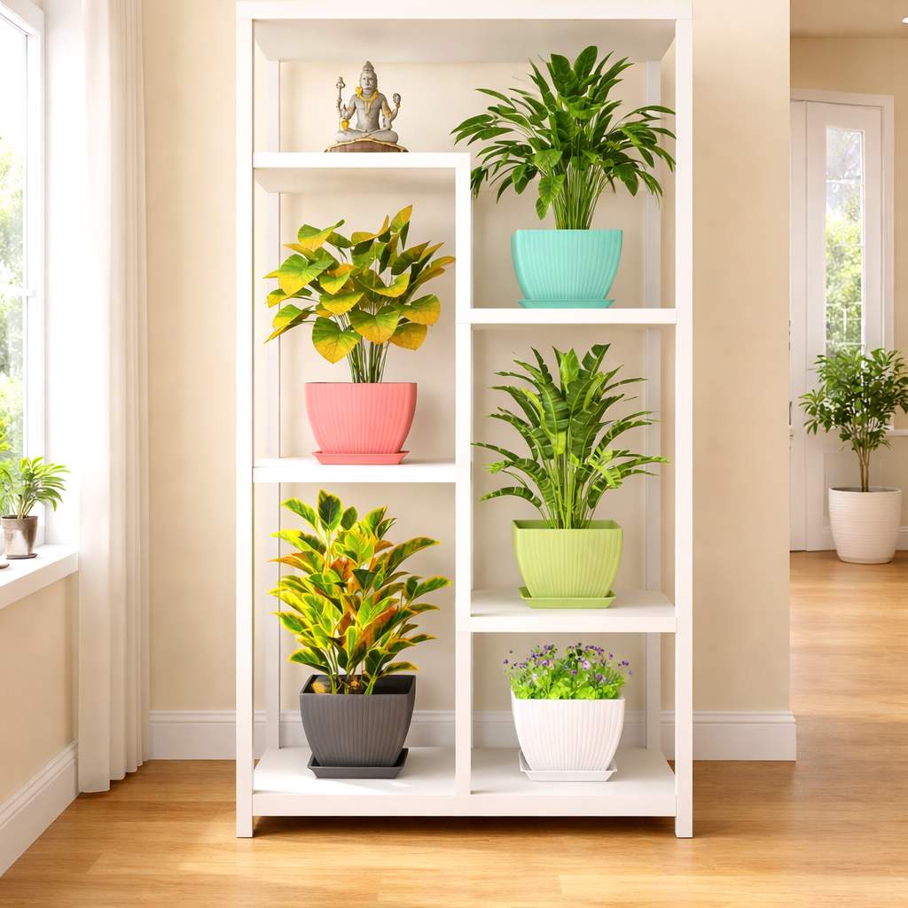 Grosyhub Modern Ribbed Square Planter Pots with Drainage Tray (5 Pcs Set)