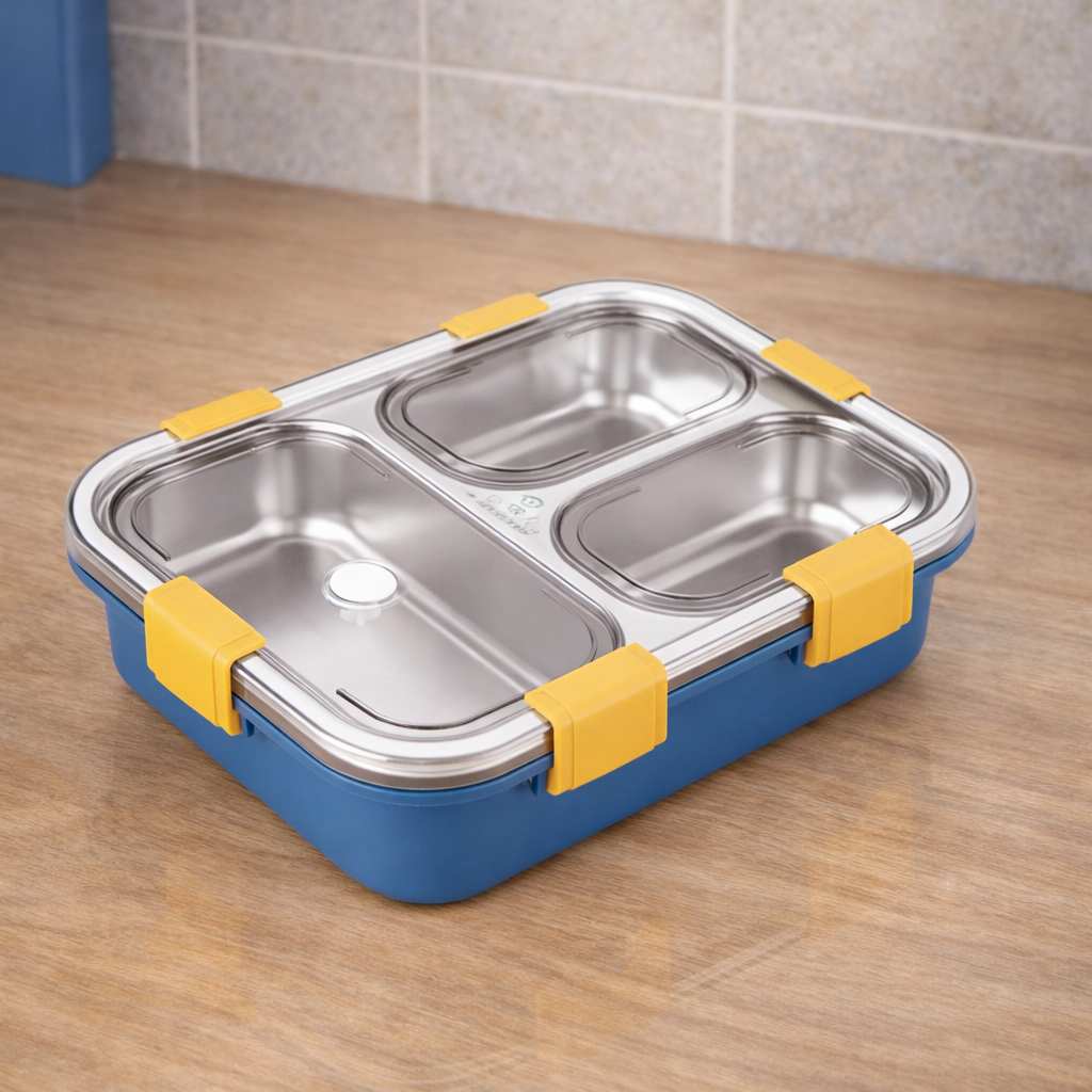 Multi Compartment Stainless Steel Airtight Lunch Box with Lid and Spoon