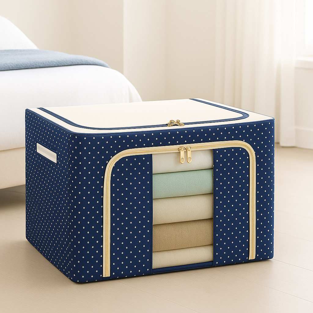 Grosyhub Double-Sided Zipper Living Box - Fabric Storage Boxes for Clothes, Saree Cover Bags - 24 Litre, Pack of 1, Polka Dot