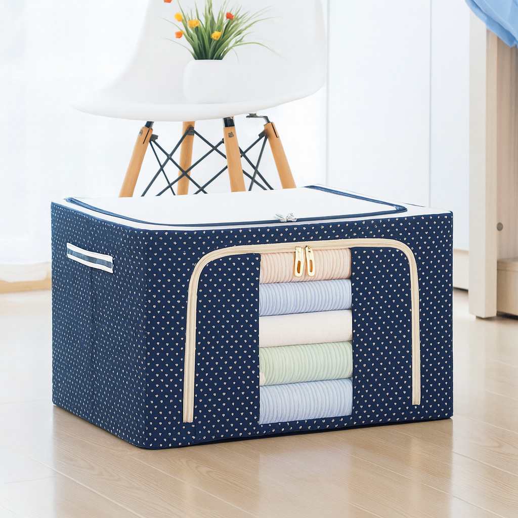 Grosyhub Double-Sided Zipper Living Box - Fabric Storage Boxes for Clothes, Saree Cover Bags - 44 Litre, Pack of 1, Polka Dot