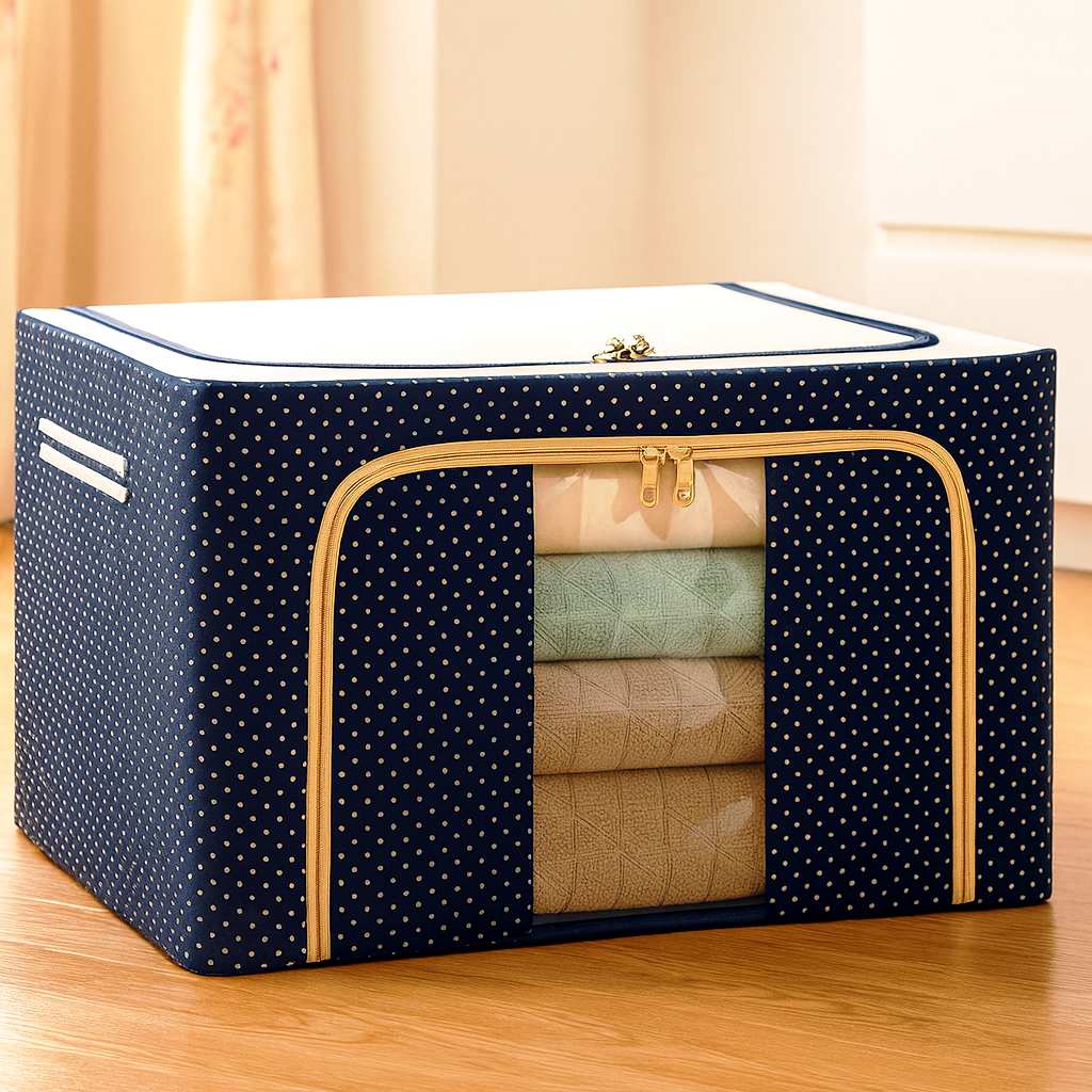 Grosyhub Double-Sided Zipper Living Box - Fabric Storage Boxes For Clothes, Saree Cover Bags - 66 Litre, Pack Of 1, Polka Dot