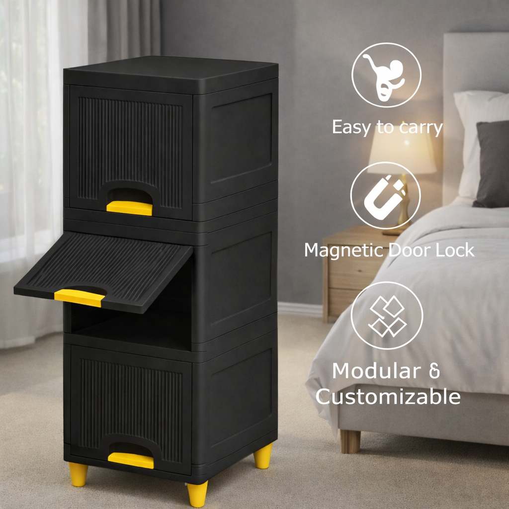 Grosyhub Multi Layer Design Flip Top Modular Storage Cabinet Black (3 Layer)