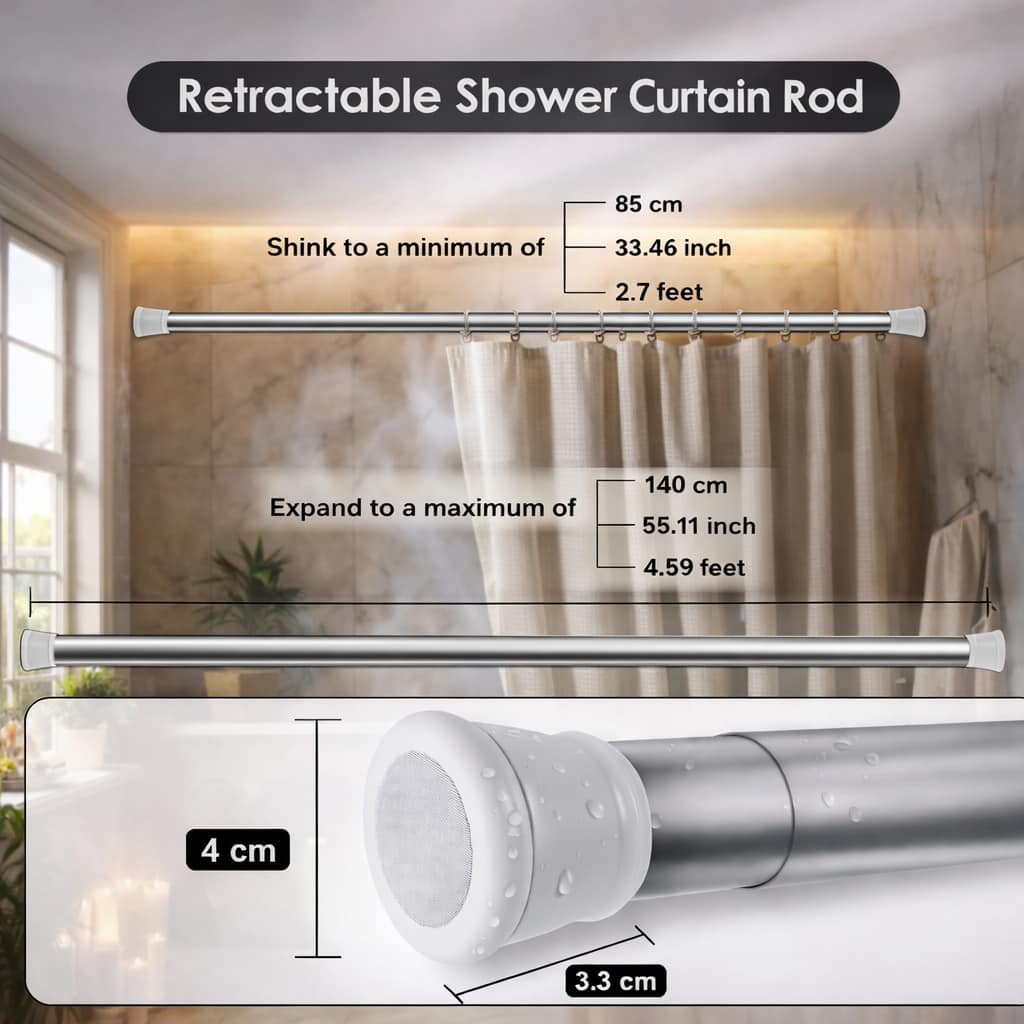 Grosyhub Premium Stainless Steel 85CM Adjustable No-Drill Tension Rod with White Non-Slip Rubber End Caps