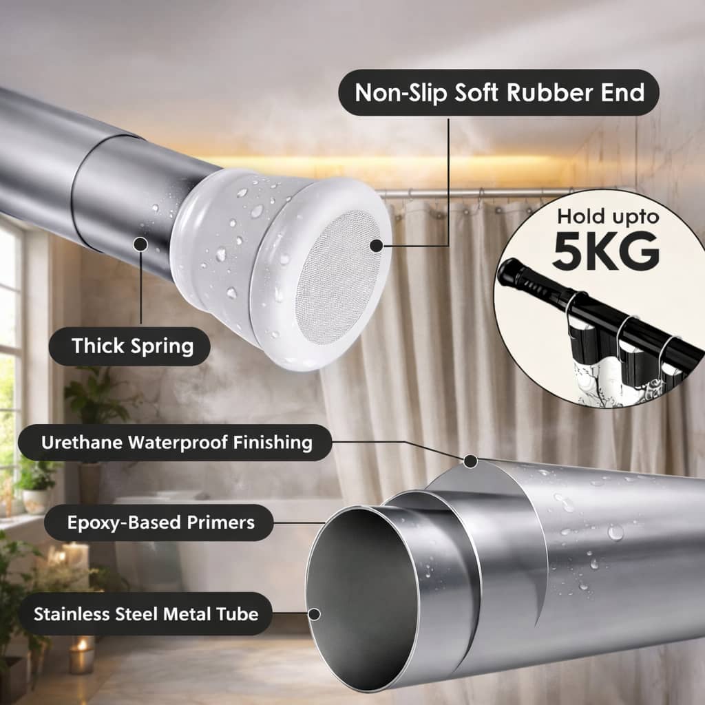 Grosyhub Premium Stainless Steel 105CM Adjustable No-Drill Tension Rod with White Non-Slip Rubber End Caps