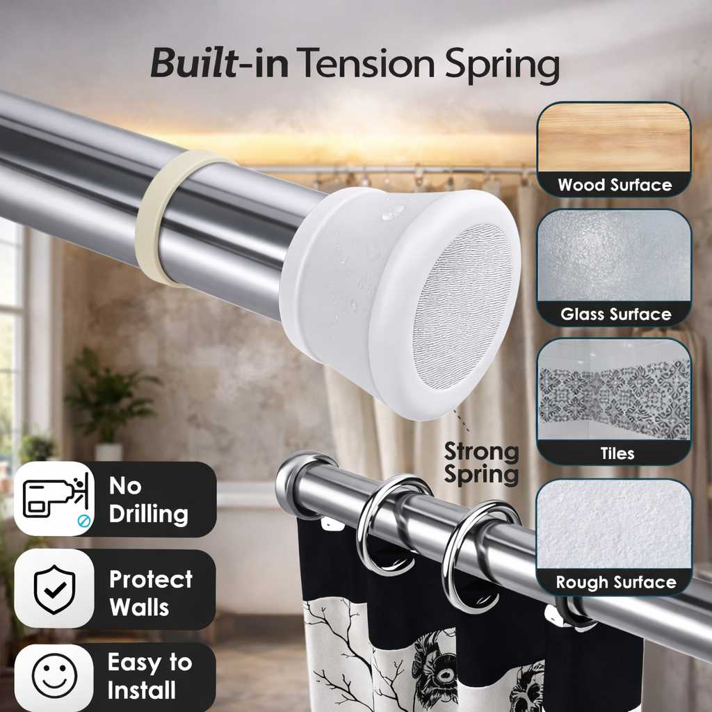 Grosyhub Premium Stainless Steel 105CM Adjustable No-Drill Tension Rod with White Non-Slip Rubber End Caps