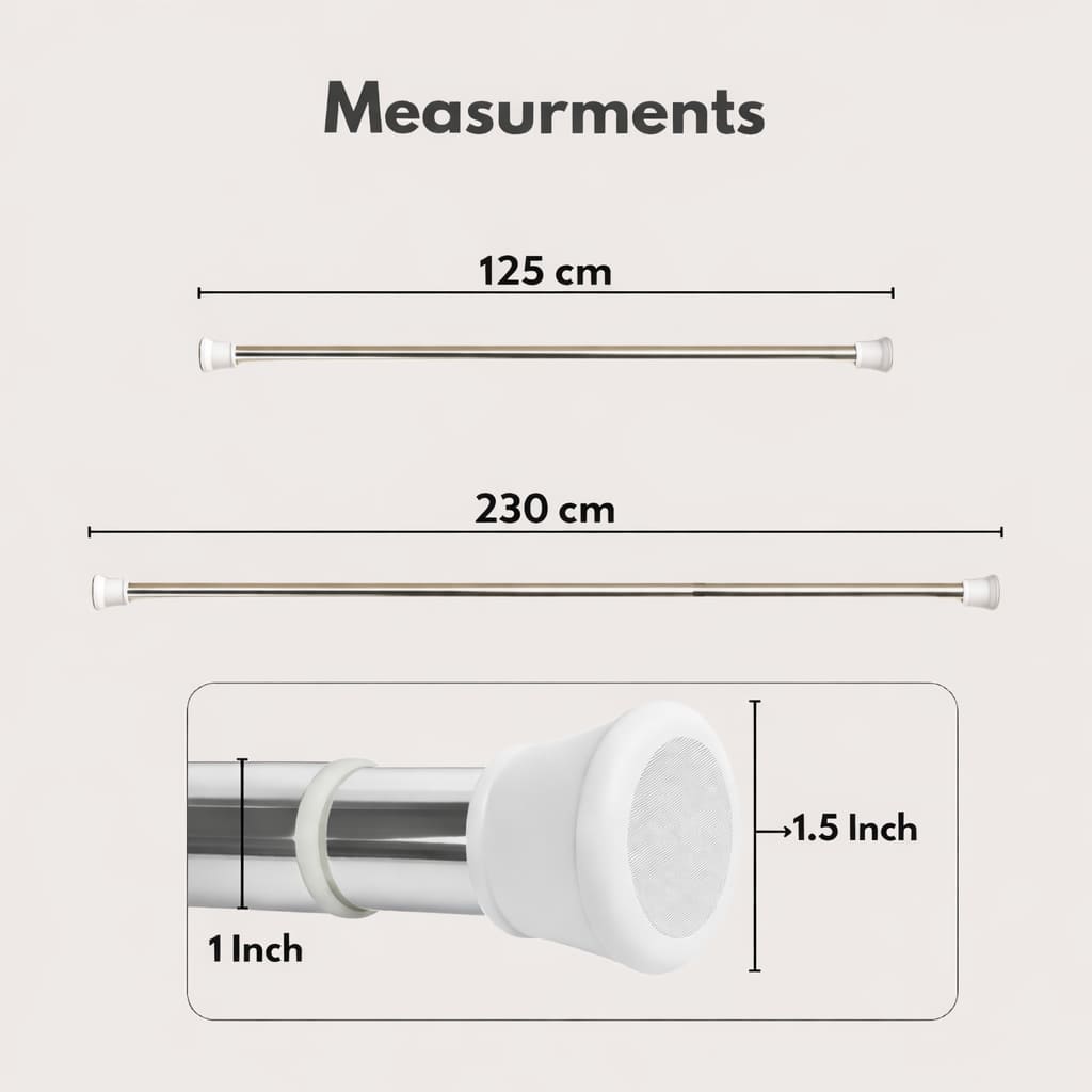 Grosyhub Premium Stainless Steel 125CM Adjustable No-Drill Tension Rod with White Non-Slip Rubber End Caps