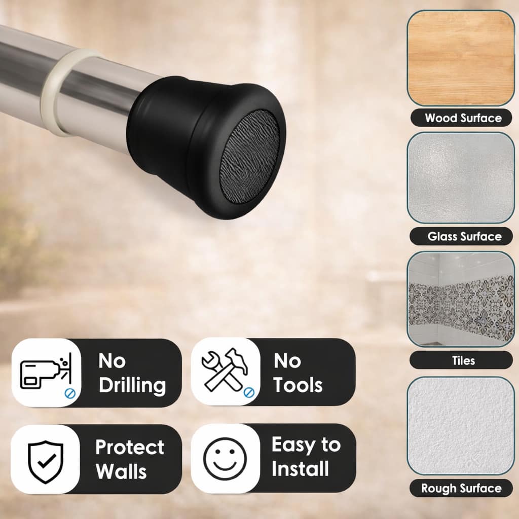 Grosyhub Premium Stainless Steel 85CM Adjustable No-Drill Tension Rod with Black Non-Slip Rubber End Caps