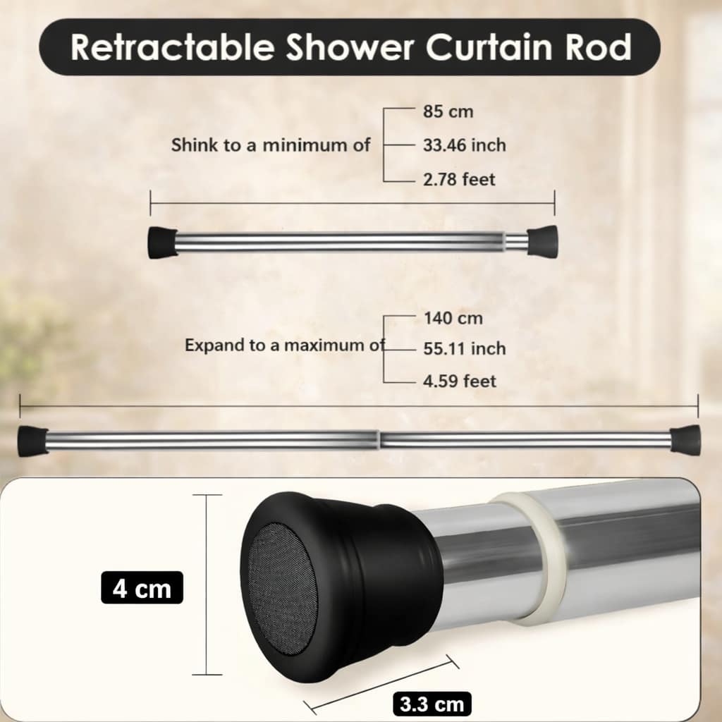 Grosyhub Premium Stainless Steel 85CM Adjustable No-Drill Tension Rod with Black Non-Slip Rubber End Caps