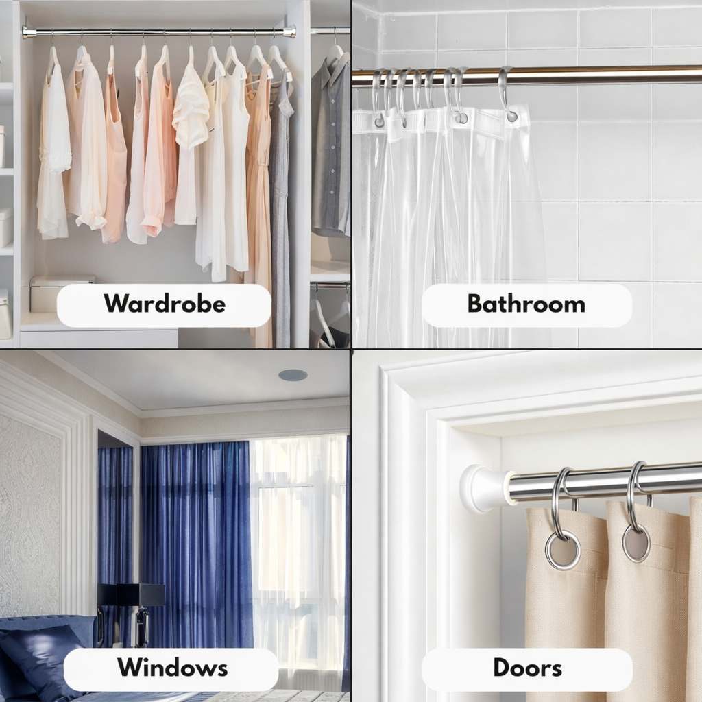 Grosyhub Premium Stainless Steel 85CM Adjustable No-Drill Tension Rod with Black Non-Slip Rubber End Caps