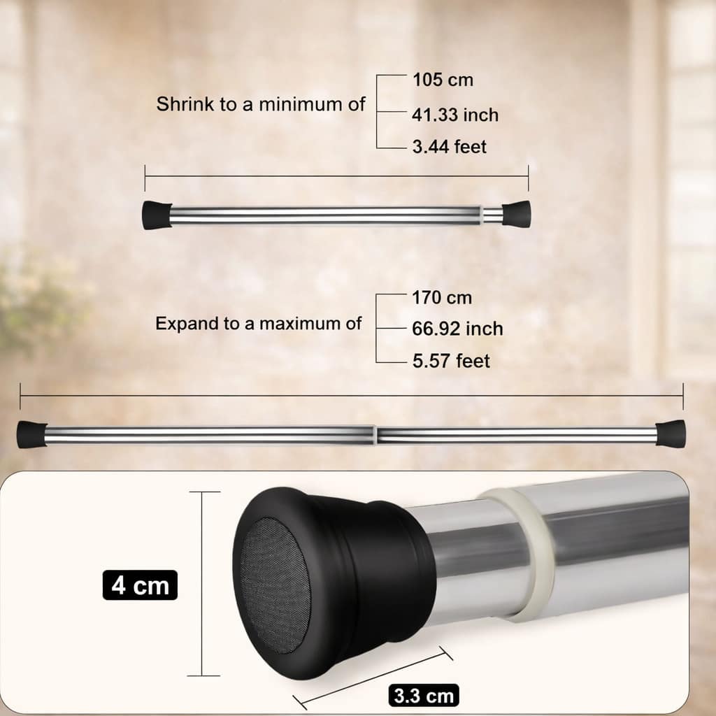 Grosyhub Premium Stainless Steel 105CM Adjustable No-Drill Tension Rod with Black Non-Slip Rubber End Caps