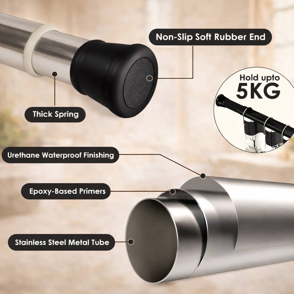 Grosyhub Premium Stainless Steel 105CM Adjustable No-Drill Tension Rod with Black Non-Slip Rubber End Caps